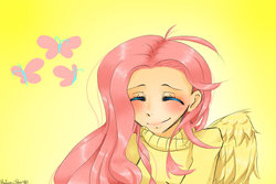 Size: 900x600 | Tagged: safe, artist:hotarublood18, fluttershy, human, g4, blushing, clothes, cutie mark background, eyes closed, female, humanized, simple background, smiling, solo, sweater, sweatershy, winged humanization, yellow background
