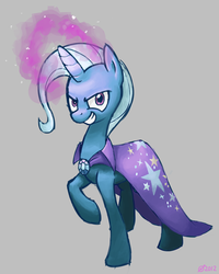Size: 1588x1988 | Tagged: safe, artist:derkrazykraut, trixie, pony, unicorn, g4, female, gray background, grin, magic, mare, simple background, smiling, solo