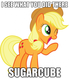 Size: 440x500 | Tagged: safe, applejack, earth pony, pony, g4, female, i see what you did there, image macro, meme, one eye closed, simple background, solo, white background, wink
