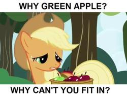 Size: 500x378 | Tagged: safe, edit, edited screencap, screencap, applejack, earth pony, pony, g4, apple, dialogue, female, food, green apple, image macro, mare, solo