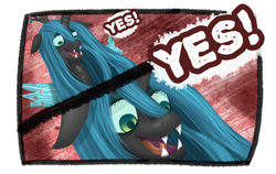 Size: 500x315 | Tagged: dead source, safe, artist:php13, queen chrysalis, changeling, changeling queen, g4, askchrysalis, bison yes, duo, female, m. bison, reaction image