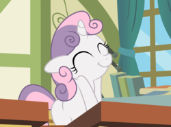 Size: 5000x3697 | Tagged: safe, artist:kooner-cz, sweetie belle, pony, unicorn, g4, ponyville confidential, ^^, absurd resolution, cute, desk, diasweetes, eyes closed, female, filly, floppy ears, ponyville schoolhouse, pose, pretty, school, sitting, smiling, solo, wallpaper