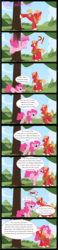 Size: 2778x12000 | Tagged: safe, artist:hatbulbproductions, big macintosh, pinkie pie, earth pony, pony, g4, applebucking, comic, kick, male, personal space invasion, stallion