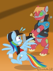 Size: 915x1232 | Tagged: safe, artist:gonzahermeg, big macintosh, rainbow dash, earth pony, pony, robot, g4, male, mann vs machine, mare vs machine, scout (tf2), stallion, team fortress 2