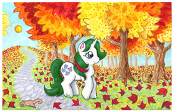 Size: 1200x774 | Tagged: safe, artist:kaikaku, gusty, pony, squirrel, unicorn, g1, g4, autumn, female, forest, g1 to g4, generation leap, leaves, mare, path, scenery, traditional art, tree