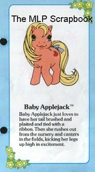 Size: 223x400 | Tagged: safe, baby applejack, g1, official, front facing, g1 backstory, my little pony fact file, watermark