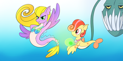 Size: 1200x599 | Tagged: safe, artist:madmax, oc, oc only, angel, angler fish, merpony, sea pony, crepuscular rays, dorsal fin, fangs, fin, fin ears, fin wings, fins, flowing mane, flowing tail, hilarious in hindsight, necklace, ocean, peytral, scales, seaponified, seashell necklace, species swap, spread wings, sunlight, swimming, tail, underwater, water, wings