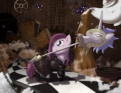 Size: 3687x2831 | Tagged: safe, artist:sip, pinkie pie, earth pony, pony, g4, alice in wonderland, alice: madness returns, clothes, crossover, dress, female, high res, mouth hold, pinkamena diane pie, solo