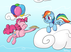 Size: 950x696 | Tagged: safe, artist:yellowbooze, pinkie pie, rainbow dash, g4, balloon, cloud, cloudy, cookie, then watch her balloons lift her up to the sky