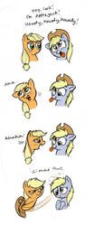 Size: 663x1600 | Tagged: safe, artist:mickeymonster, applejack, derpy hooves, earth pony, pegasus, pony, g4, :p, accessory swap, accessory theft, applejack is not amused, applejack's hat, blushing, comic, cowboy hat, cute, derp, derpabetes, dialogue, duo, eye contact, female, flanderization, floppy ears, frown, funny, funny as hell, glare, grumpy, hat, hat swap, hoof hold, howdy, laughing, lidded eyes, looking at each other, mare, mocking, movie reference, parody, roleplaying, sarcasm, silly, silly pony, simple background, slice of life, tongue out, toy story, unamused, white background