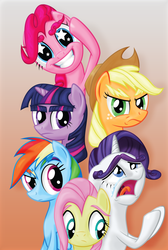 Size: 4500x6679 | Tagged: safe, artist:justablankflank, applejack, fluttershy, pinkie pie, rainbow dash, rarity, twilight sparkle, g4, absurd resolution, angry, blighted, crying, eyebrows, floppy ears, frown, gritted teeth, mane six, open mouth, sad, smiling, tongue out, unamused, unibrow, uvula, wide eyes
