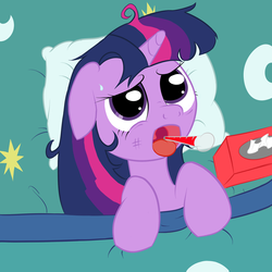 Size: 2000x2000 | Tagged: safe, artist:here-for-the-ponies, twilight sparkle, pony, unicorn, g4, backwards thermometer, female, floppy ears, high res, lying down, on back, sick, solo, thermometer, unicorn twilight