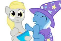 Size: 1800x1200 | Tagged: safe, artist:qq-crier-t-t, derpy hooves, trixie, pegasus, pony, unicorn, g4, ^^, eyes closed, female, happy, mare, simple background, smiling, transparent background