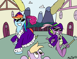 Size: 1224x936 | Tagged: safe, artist:no-ink, derpy hooves, rainbow dash, spike, dragon, pegasus, pony, g4, cane, clothes, female, grin, hat, jewelry, male, mare, necklace, open mouth, pimp, ponyville, raised hoof, robe, smiling, smirk