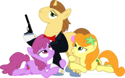Size: 6222x3905 | Tagged: safe, artist:regolithx, berry punch, berryshine, carrot top, con mane, donut joe, golden harvest, earth pony, pony, g4, mmmystery on the friendship express, background pony, female, flower, flower in hair, gun, male, mare, pistol, simple background, stallion, suppressor, transparent background, trio, vector, walther ppk, weapon