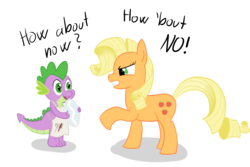 Size: 4000x2666 | Tagged: safe, artist:manateemckenzie, applejack, spike, dragon, earth pony, pony, g4, alternate hairstyle, comic, female, male, mare, rarity hair, simple background, transparent background