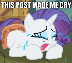 Size: 500x437 | Tagged: safe, edit, edited screencap, screencap, rarity, pony, a dog and pony show, g4, crying, harness, image macro, reaction image, solo, tack, this post