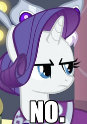 Size: 350x500 | Tagged: safe, princess platinum, rarity, pony, unicorn, g4, crown, female, frown, image macro, jewelry, lidded eyes, mare, no, regalia, solo, unamused