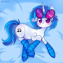 Size: 800x800 | Tagged: safe, artist:pekou, dj pon-3, vinyl scratch, pony, unicorn, g4, blushing, clothes, cute, female, looking at you, mare, one ear down, smiling, socks, solo, striped socks, vinylbetes