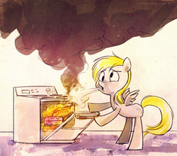 Size: 569x500 | Tagged: safe, derpy hooves, pegasus, pony, g4, female, fire, food, mare, oven, smoke