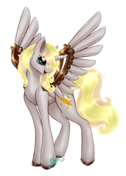 Size: 2073x2893 | Tagged: safe, artist:tasertail, oc, oc only, oc:phoenixheart, alicorn, pony, blushing, freckles, happy, open mouth, smiling, solo, spread wings, transpony, unshorn fetlocks