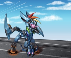 Size: 6800x5560 | Tagged: safe, artist:cybertoaster, rainbow dash, robot, g4, absurd resolution, cloud, dashbot, jet, jet fighter, rainbot dash, runway