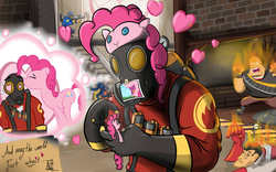 Size: 1440x900 | Tagged: safe, artist:darthagnan, pinkie pie, human, pony, g4, burning, burning alive, crossover, dead, heart, heart eyes, heavy weapons guy, imagining, kissing, medic, medic (tf2), plushie hat, pyro (tf2), soldier, soldier (tf2), spy, spy (tf2), team fortress 2, thought bubble, toy, weapon, wingding eyes, x eyes