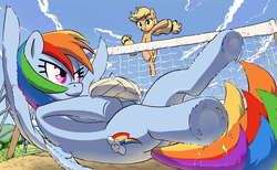 Size: 1920x1182 | Tagged: safe, artist:yoka-the-changeling, applejack, rainbow dash, g4, volleyball