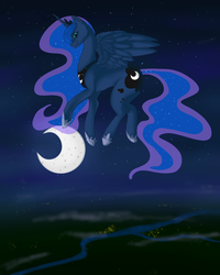 Size: 799x1000 | Tagged: safe, artist:kittyisawolf, princess luna, alicorn, pony, g4, crescent moon, female, flying, mare, moon, night, solo