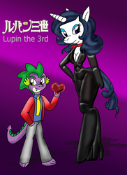 Size: 1700x2338 | Tagged: safe, artist:odiz, rarity, spike, anthro, g4, female, lupin the 3rd, male, mine fujiko, parody, ship:sparity, shipping, straight