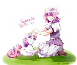 Size: 1020x865 | Tagged: dead source, safe, artist:tomoe-chi, sweetie belle, human, pony, unicorn, g4, clothes, human ponidox, humanized, self ponidox, skirt