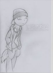 Size: 930x1280 | Tagged: safe, artist:lonelycross, pony, bipedal, clothes, eminem, headphones, hoodie, ponified