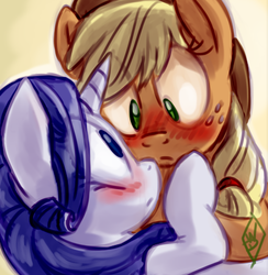 Size: 441x452 | Tagged: safe, artist:whitediamonds, applejack, rarity, earth pony, pony, unicorn, g4, blushing, female, freckles, hat, lesbian, mare, ship:rarijack, shipping