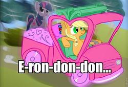 Size: 741x503 | Tagged: safe, applejack, twilight sparkle, earth pony, pony, unicorn, g4, applejack truck, applejack's hat, caption, car, cardboard cutout, cardboard twilight, confederate, cowboy hat, female, get low, get low (to the window to the wall song), hat, image macro, impact font, lil jon & the east side boyz, mare, meta, motion blur, song reference, text
