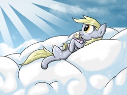Size: 1890x1417 | Tagged: safe, artist:sugaryoshi, derpy hooves, dinky hooves, pegasus, pony, g4, cloud, cloudy, equestria's best mother, female, hug, mare, on back