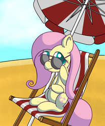 Size: 2500x3000 | Tagged: safe, artist:sharkwellington, fluttershy, pegasus, pony, g4, beach, female, high res, mare, sitting, solo, sunglasses