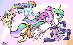 Size: 640x400 | Tagged: safe, artist:bodolsezters14, applejack, fluttershy, pinkie pie, princess celestia, rainbow dash, rarity, twilight sparkle, g4, applejack riding celestia, mane six, pinkie pie riding celestia, ponies riding ponies, riding