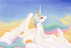 Size: 3264x2213 | Tagged: safe, artist:l-jare, princess celestia, alicorn, pony, g4, both cutie marks, butt, cloud, cloudy, female, high res, mare, plot, solo