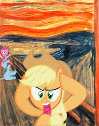 Size: 813x1036 | Tagged: safe, artist:edvard munch, artist:normanb88, applejack, pinkie pie, rainbow dash, earth pony, pegasus, pony, g4, edvard munch, eyes closed, fine art parody, floppy ears, open mouth, parody, screaming, shopped, sitting, the scream