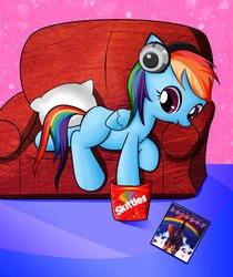 Size: 819x976 | Tagged: safe, artist:andrewc691, rainbow dash, pegasus, pony, g4, female, filly, filly rainbow dash, headphones, rainbow (band), skittles, solo, younger