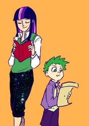 Size: 400x565 | Tagged: safe, artist:leftpencil, artist:nikitomuchachos, spike, twilight sparkle, g4, book, galaxy leggings, humanized, scroll, sweater vest