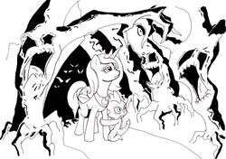 Size: 1223x861 | Tagged: safe, artist:whitecrunk, princess luna, spike, alicorn, dragon, pony, g4, female, male, mare, monochrome, s1 luna