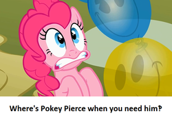 Size: 640x448 | Tagged: safe, edit, edited screencap, screencap, discord, pinkie pie, g4, the return of harmony, balloon, calibri, gritted teeth, meta, text