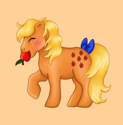 Size: 936x952 | Tagged: dead source, safe, artist:rockadd, applejack (g1), earth pony, pony, g1, apple, eyes closed, female, mare