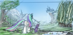 Size: 1122x543 | Tagged: safe, artist:saurabhinator, princess celestia, twilight sparkle, alicorn, pony, unicorn, g4, canterlot, female, mare, raised hoof, scenery, sketch, unicorn twilight