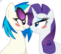 Size: 947x838 | Tagged: safe, artist:faith-wolff, dj pon-3, rarity, vinyl scratch, pony, unicorn, g4, bedroom eyes, blushing, female, lesbian, mare, rariscratch, shipping, simple background, transparent background