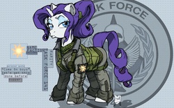 Size: 1980x1238 | Tagged: safe, artist:eichh-emmm, rarity, pony, g4, call of duty, clothes, duckface, military, solo