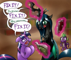 Size: 1101x932 | Tagged: safe, artist:conicer, queen chrysalis, spike, twilight sparkle, changeling, changeling queen, pony, unicorn, g4, body swap, book, female, golden oaks library, magic, magic aura, mare, open mouth, speech bubble, spell gone wrong, telekinesis, tongue out, unicorn twilight