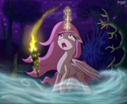 Size: 1200x984 | Tagged: safe, artist:bonaxor, princess celestia, alicorn, pony, g4, female, fog, forest background, magic, mare, open mouth, pink-mane celestia, scared, swamp, torch, young, young celestia, younger