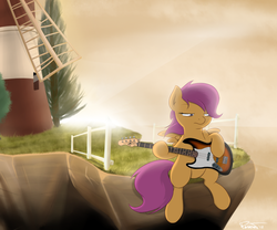 Size: 1200x1000 | Tagged: safe, artist:theparagon, scootaloo, pegasus, pony, g4, bass guitar, check em, feel good inc, female, filly, floating island, foal, gorillaz, guitar, musical instrument, scootabass, solo, windmill, windmill island